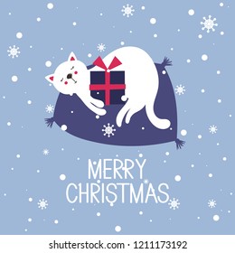 Colorful background with cat, gift, english text. Decorative cute backdrop vector. Hand drawn poster design with animal, snow, present. Merry christmas, festal greeting card