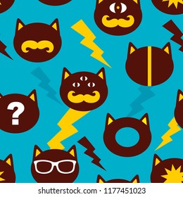 Colorful background with cats faces in retro style. Vector endless backround.