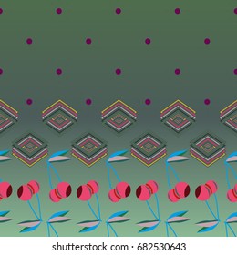 Colorful background with cherries berry and geometric rhomb and circle.