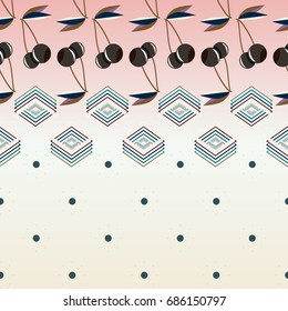 Colorful background with cherries berry and geometric rhomb and circle.