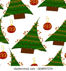 Colorful background with Christmas trees. Vector decorative cute background. Happy New Year, seamless pattern. Winter time. Design paper, packaging, fabric