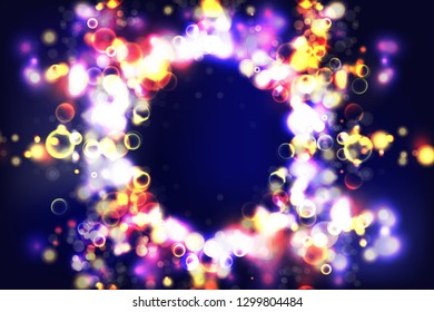 Colorful background. Circular bokeh sparkle color lights background. Magic space cosmic shiny bubbles. Colorful layout template for banner or poster design. EPS 10