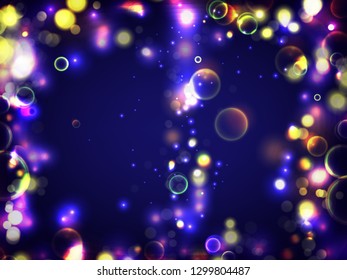 Colorful background. Circular bokeh sparkle color lights background. Magic space cosmic shiny bubbles. Colorful layout template for banner or poster design. EPS 10