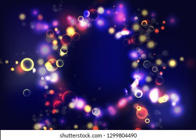 Colorful background. Circular bokeh sparkle color lights background. Magic space cosmic shiny bubbles. Colorful layout template for banner or poster design. EPS 10