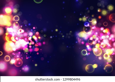 Colorful background. Circular bokeh sparkle color lights background. Magic space cosmic shiny bubbles. Colorful layout template for banner or poster design. EPS 10