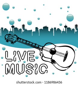 Colorful background with city buildings, blue bubbles, guitar and the text live music written with black letters
