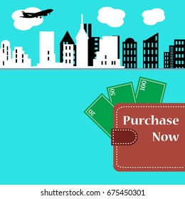 Colorful background with cityscape, wallet with cash money and the text purchase now, written on the wallet