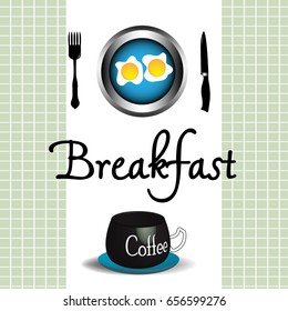 Colorful background with coffee and eggs. Breakfast theme