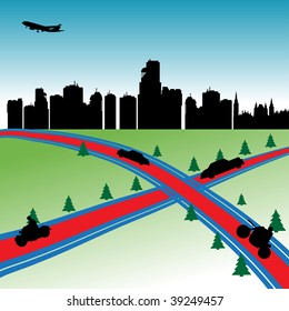 Colorful background with crossroad, modern building shapes, plane, cars and motorcycles