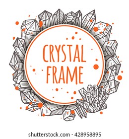 Colorful background with crystals and minerals. Round circle composition. Hand drawn vector illustration.