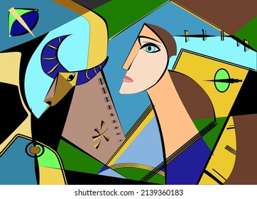 Colorful background, cubism art style, abstract face and aries 