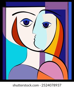 Colorful background, cubism art style, Two abstract faces . A palette of vibrant colors including blue, purple, orange, and yellow fills geometric shapes within the figures.