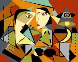 Colorful Background, Cubism Art Style,abstract Portrait , Two Girls