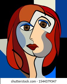 Colorful background, cubism art style,abstract portrait , brown hair girl
