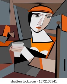 Colorful background, cubism art style,abstract portrait,woman with glass