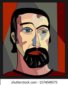 Colorful background, cubism art style,abstract portrait, man with a black beard