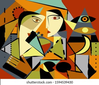 Colorful background, cubism art style,abstract portrait , two girls