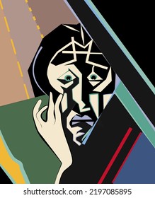 Colorful background, cubism art style,abstract  scared man portrait
