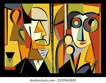 Colorful background, cubism art style,abstract portrait is married