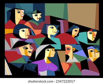 Colorful background, cubism art style,abstract spectators at the cinema