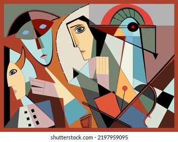 Fondo colorido, estilo arte cubista, caras abstractas