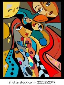 Colorful background, cubism art style,abstracts faces