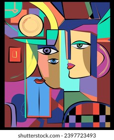 Fondo colorido, estilo arte cubista, caras abstractas