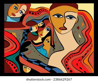 Fondo colorido, estilo de arte cubista, composición de caras abstractas coloridas