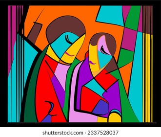 Colorful background, cubism art style,couple portrait