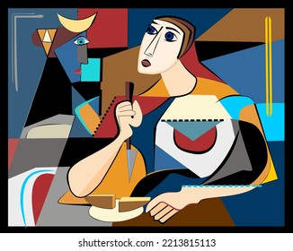 Colorful background, cubism art style,woman cuts bread