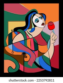 Colorful background, cubism art style,Woman with a glass of wine