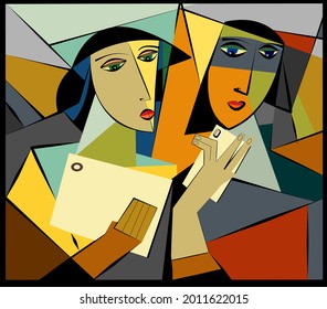 Colorful background, cubism art style,women with mobile phone and tablet