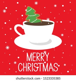 Colorful background with cup, gingerbread, snow and english text. Decorative cute backdrop vector. Hand drawn poster design. Merry Christmas, festal greeting card. Winter time. New Year