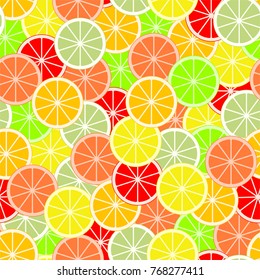 Colorful background of cut slices of citrus fruits of orange, lime, grapefruit, tangerine, lemon and pomelo. Backdrop from mixed fresh fruit.