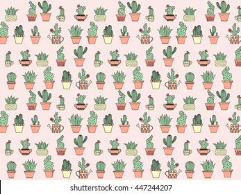 Colorful background with cute cactus in simple hand drawn style. Cute cartoon potted cacti background. Decorative houseplants. Vector illustration.