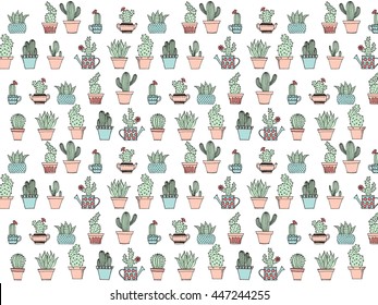 Colorful background with cute cactus in simple hand drawn style. Cute cartoon potted cacti background. Decorative houseplants. Vector illustration.