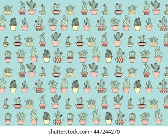 Colorful background with cute cactus in simple hand drawn style. Cute cartoon potted cacti background. Decorative houseplants. Vector illustration.