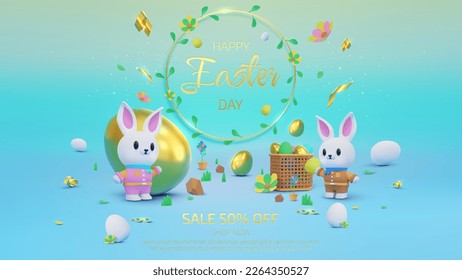 Colorful background with cute realistic Easter ornaments and empty space for product promotion. Vector illustration.
