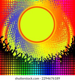 colorful background with dancing crowd and banner 