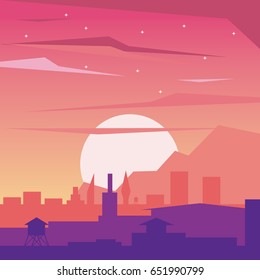 colorful background of dawn landscape of city with sun