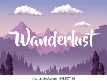 colorful background with dawn landscape with mountain valley covered by haze with text wanderlust