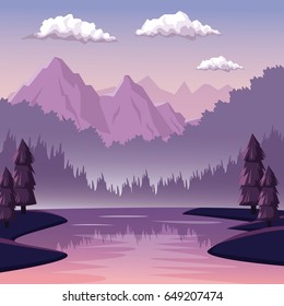 colorful background with dawn landscape of mountain and river