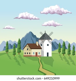 colorful background with daytime landscape of field mountains and house with windmill