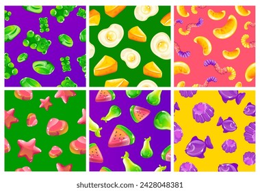 Colorful background decoration with marmalades. 3d sweet jelly elements at decorative pattern collection, vector illustration. Organic fruit desserts at seamless banner design
