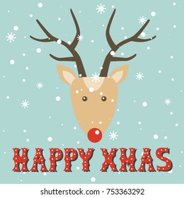 Colorful background with deer and english text. Decorative backdrop vector. Hand drawn poster design. Happy Xmas, festal greeting card. Winter time