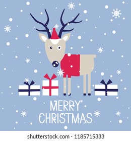 Colorful background with deer in hat and sweater, english text. Decorative cute backdrop vector. Hand drawn poster design with animal, snow, gifts. Merry christmas, festal greeting card