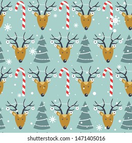 Colorful background with deers, fir trees, candy canes, snow. Decorative cute backdrop vector. Happy New Year, seamless pattern with animals. Winter time