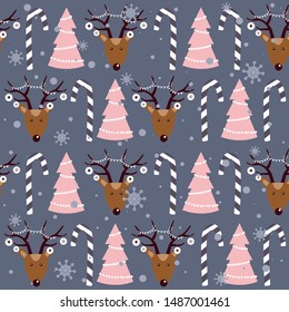 Colorful background with deers, fir trees, candy canes, snow. Decorative cute backdrop vector. Happy New Year, seamless pattern with animals. Winter time