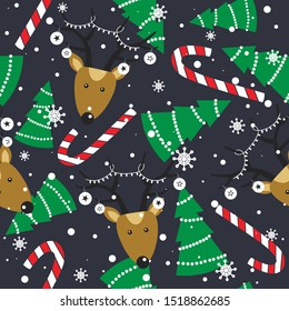 Colorful background with deers, fir trees, candy canes, snow. Decorative cute backdrop vector. Happy New Year, seamless pattern with animals. Winter time