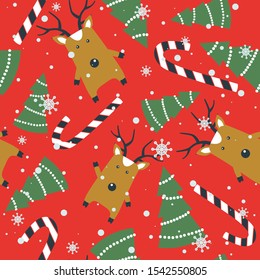 Colorful background with deers, fir trees, candy canes, snow. Decorative cute backdrop vector. Happy New Year, seamless pattern with animals. Winter time